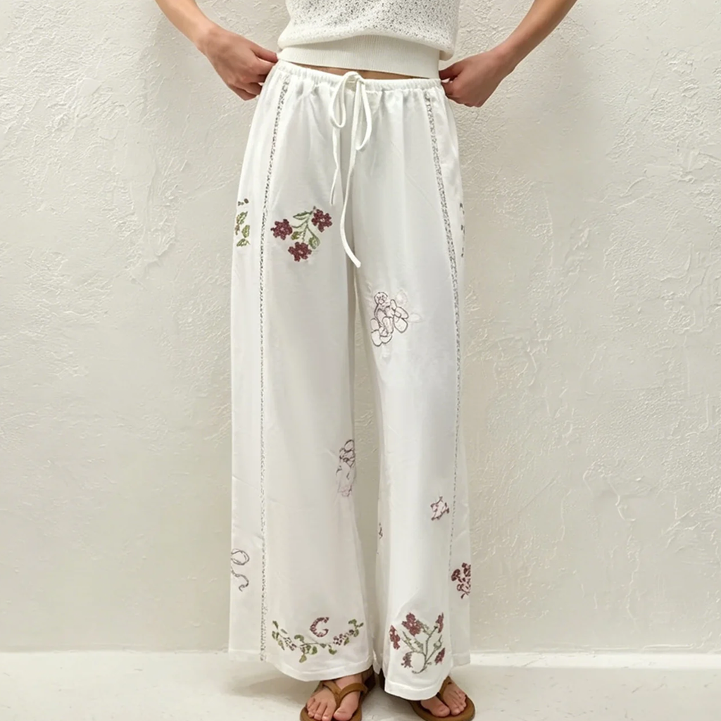 White Floral‑Embroidery Natural‑Waist Straight‑Leg Pants Trousers
