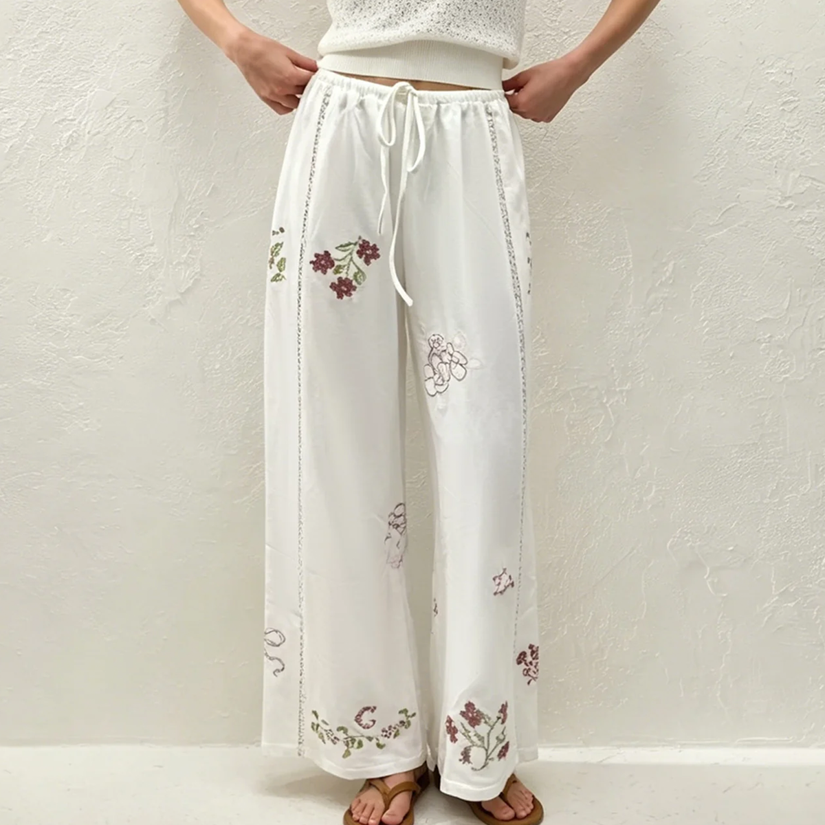 White Floral‑Embroidery Natural‑Waist Straight‑Leg Pants Trousers