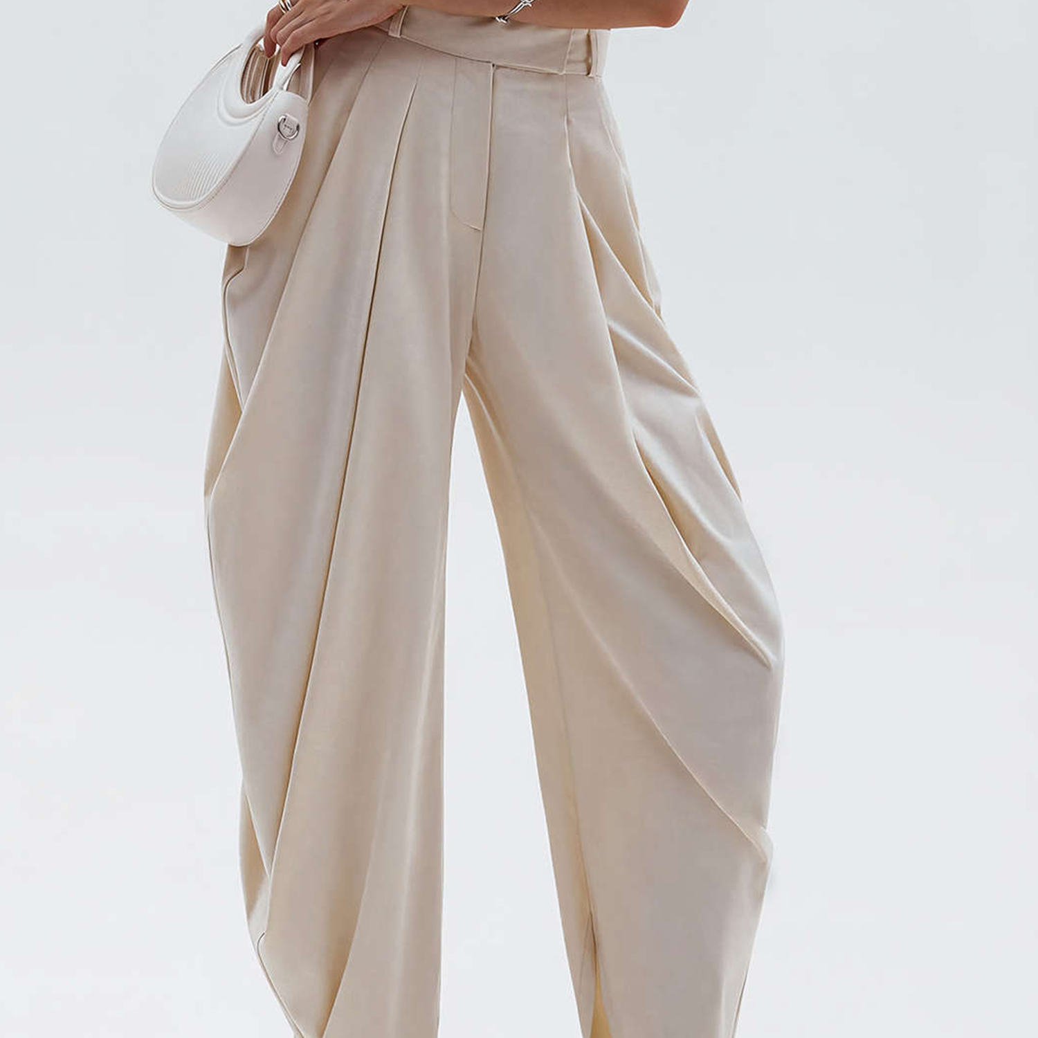 Ruched Solid‑Color Draped Tulip‑Cut Trousers